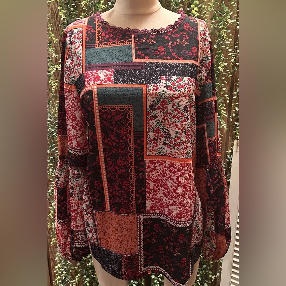 NWOT Patchwork Floral Boho Top - Red, Black, Cream